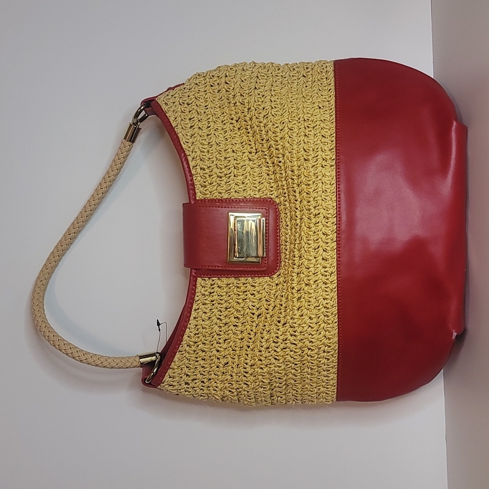 NEW Talbots Womens Hobo Shoulder Bag Medium Red Leather/paper Straw